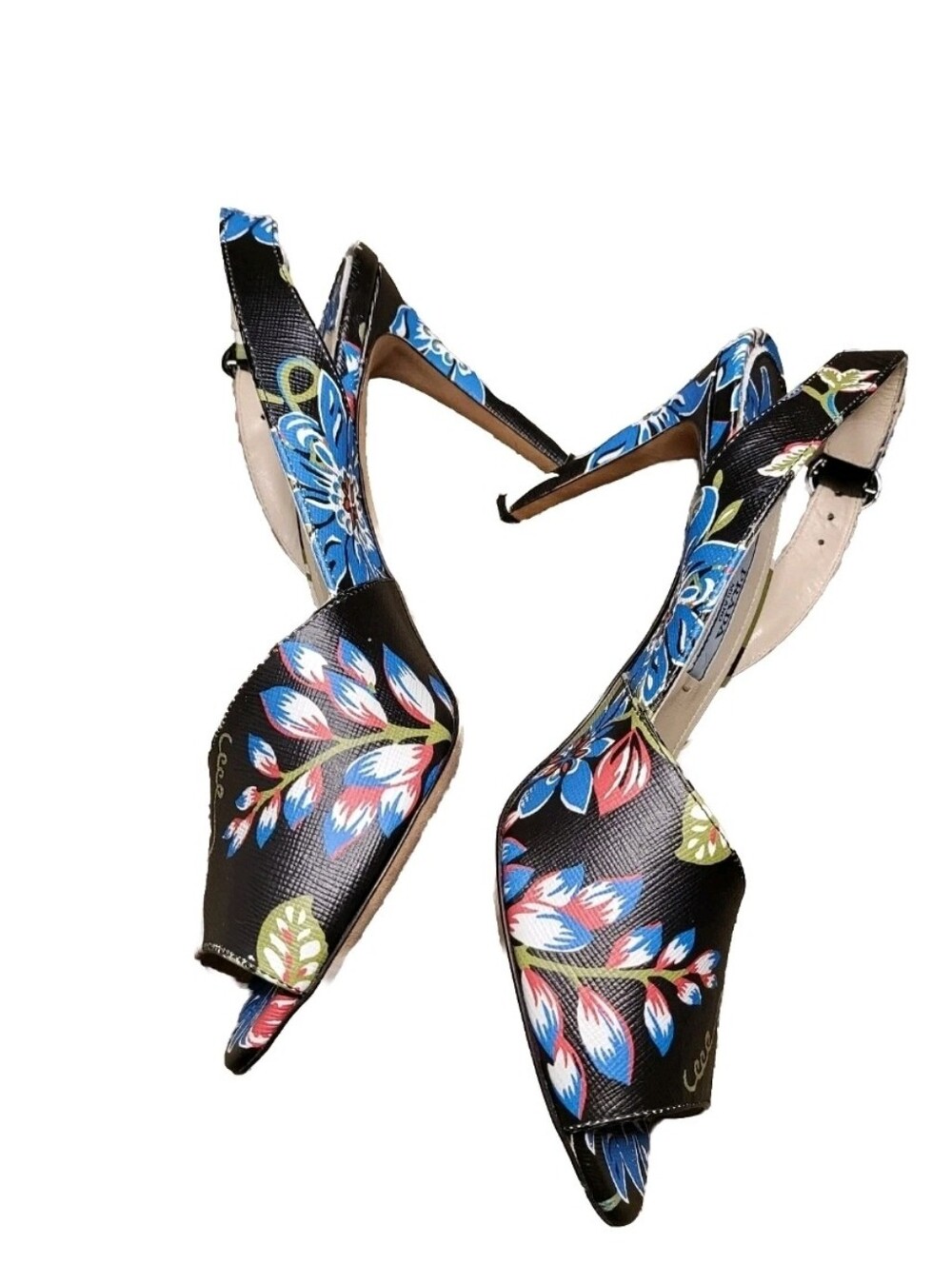 Prada Saffiano Leather Floral Print Slingback Sandals Size 38